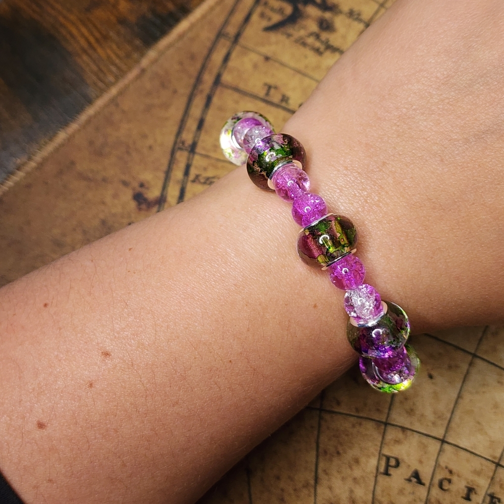 Bold Murano-Style Glass & Purple Stretch Bracelet